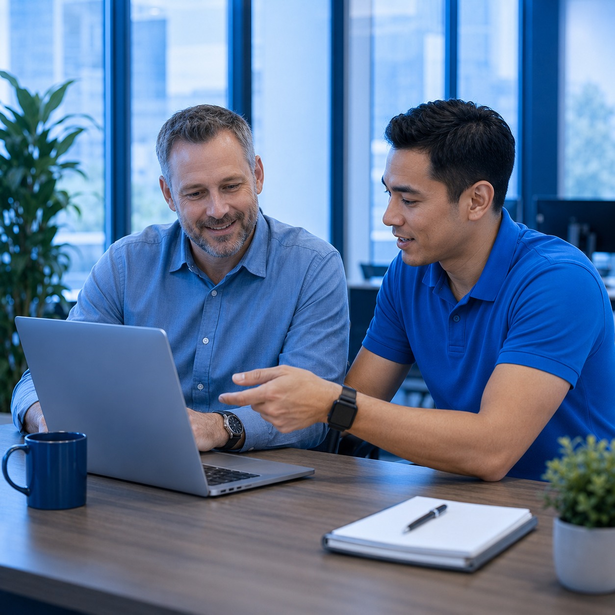 Open Tier Systems technician reviewing IT support with a business professional