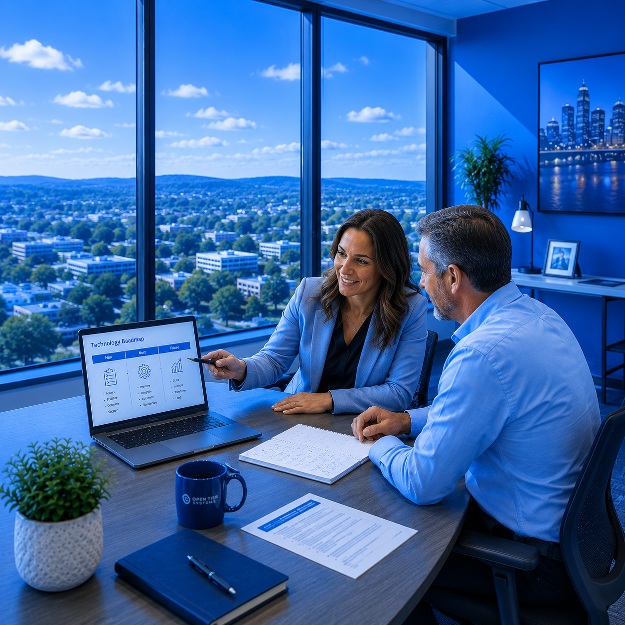 business execs collaborating on IT and cybersecurity